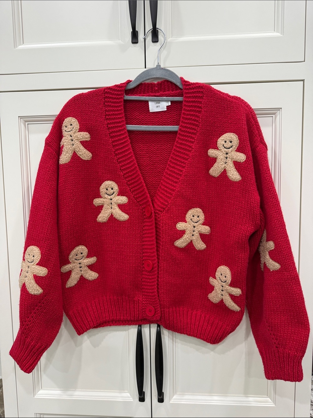 Luna Ivy Festive Red Cardigan with Gingerbread Man Accents  Small Sweater button